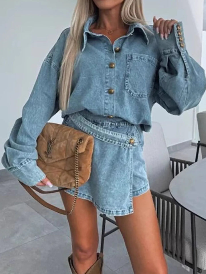 Button-Front Shirt and Mini Skirt Oversized Denim Set Two Piece Dresses