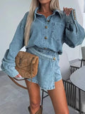 Button-Front Shirt and Mini Skirt Oversized Denim Set Two Piece Dresses