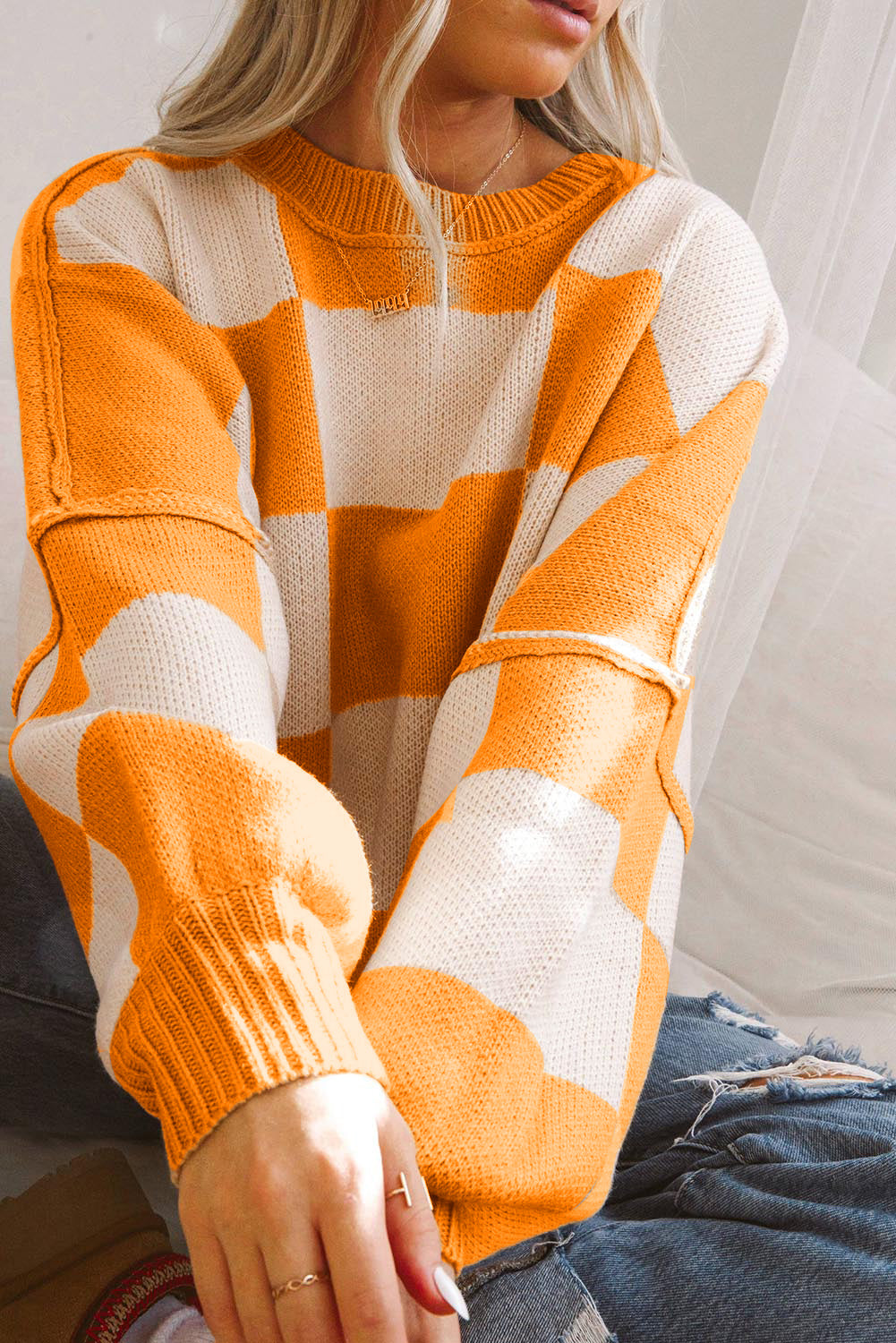 Orange Checkered Bishop Sleeve Sweater Sweaters & Cardigans/Sweaters