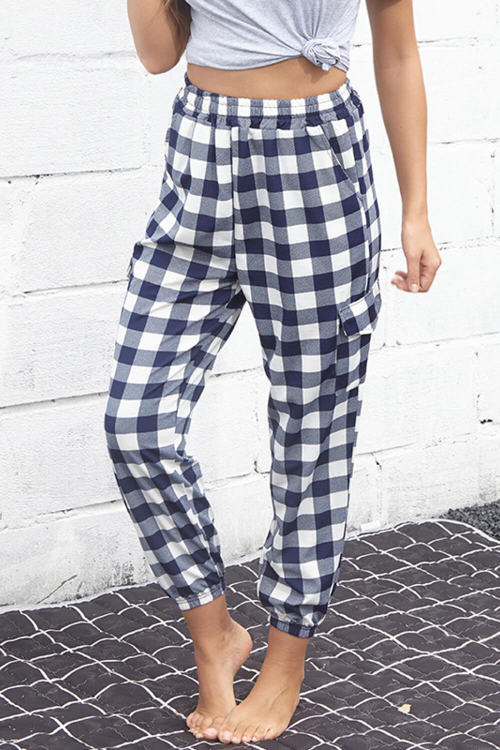 Perfee Plaid Elastic High Waist Cargo Pants 