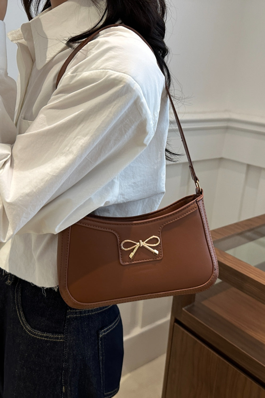 Bow Trim PU Leather Shoulder Bag 