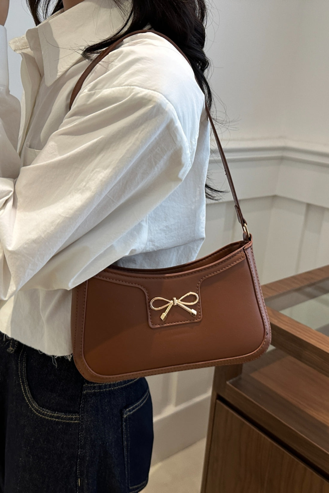 Bow Trim PU Leather Shoulder Bag 