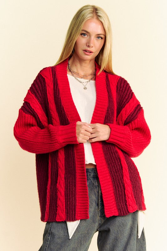 Davi & Dani Cable-Knit Color Block Open Front Cardigan 