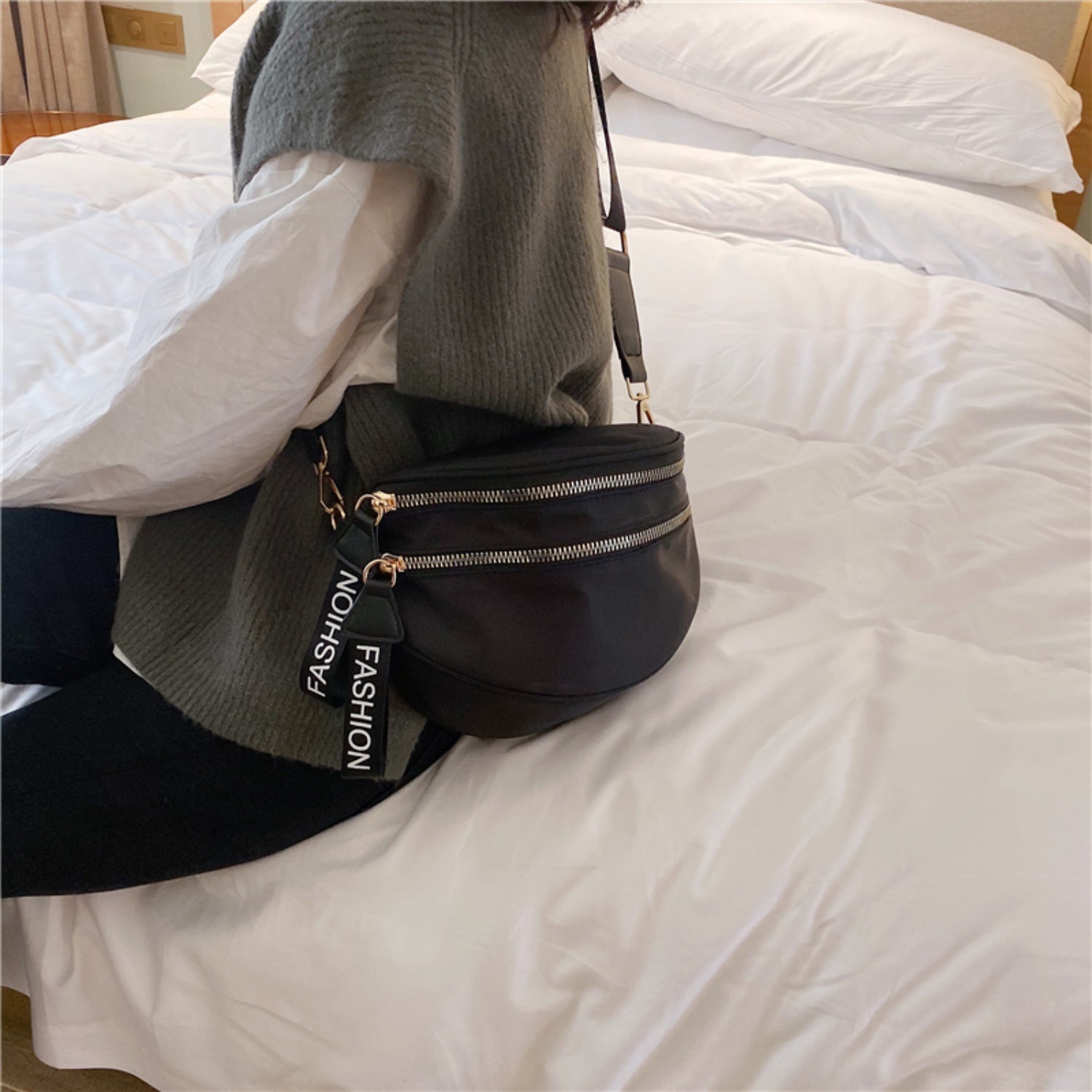 Double Zip Nylon Crossbody Bag 