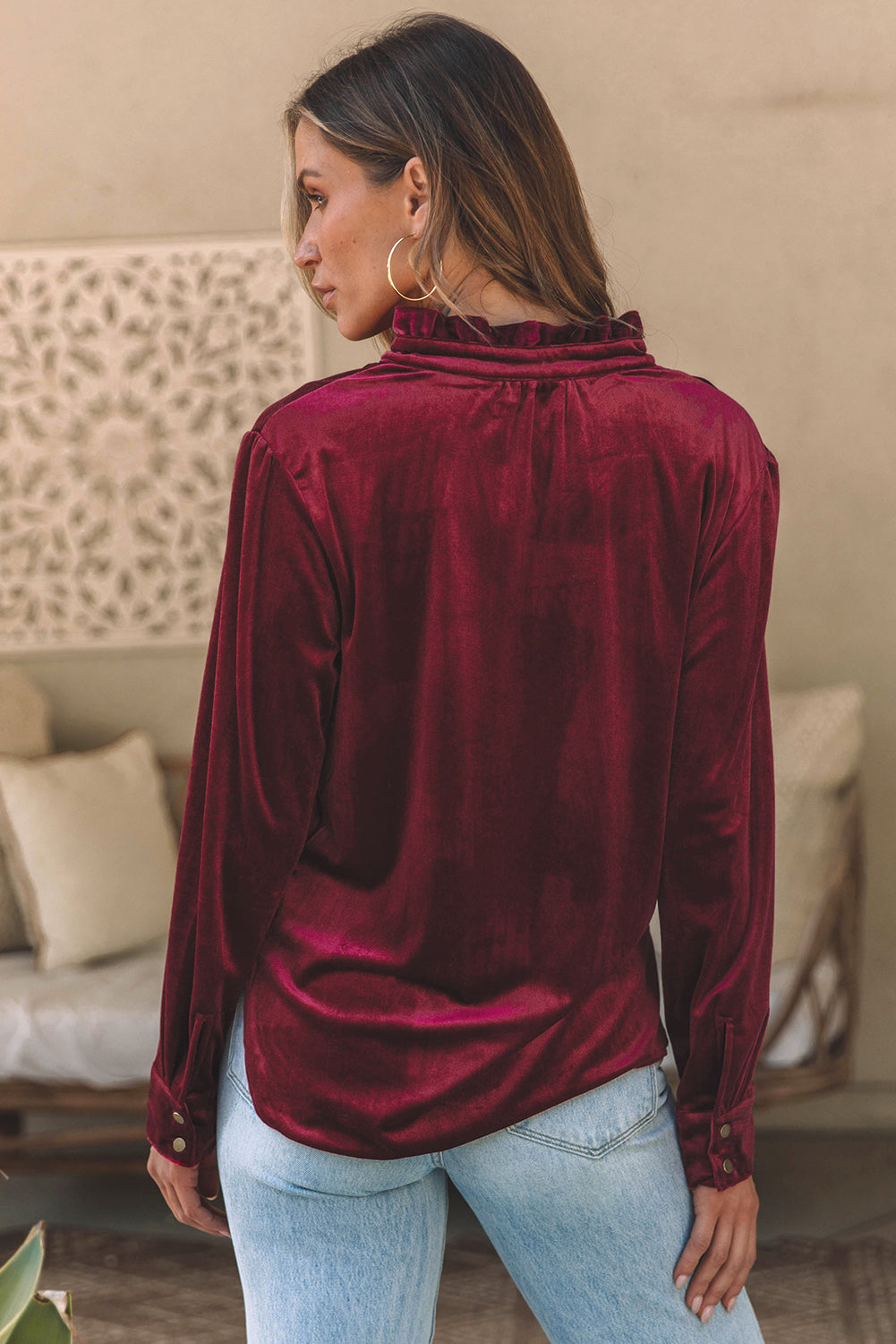 Frill Half Button Mock Neck Long Sleeve Blouse 