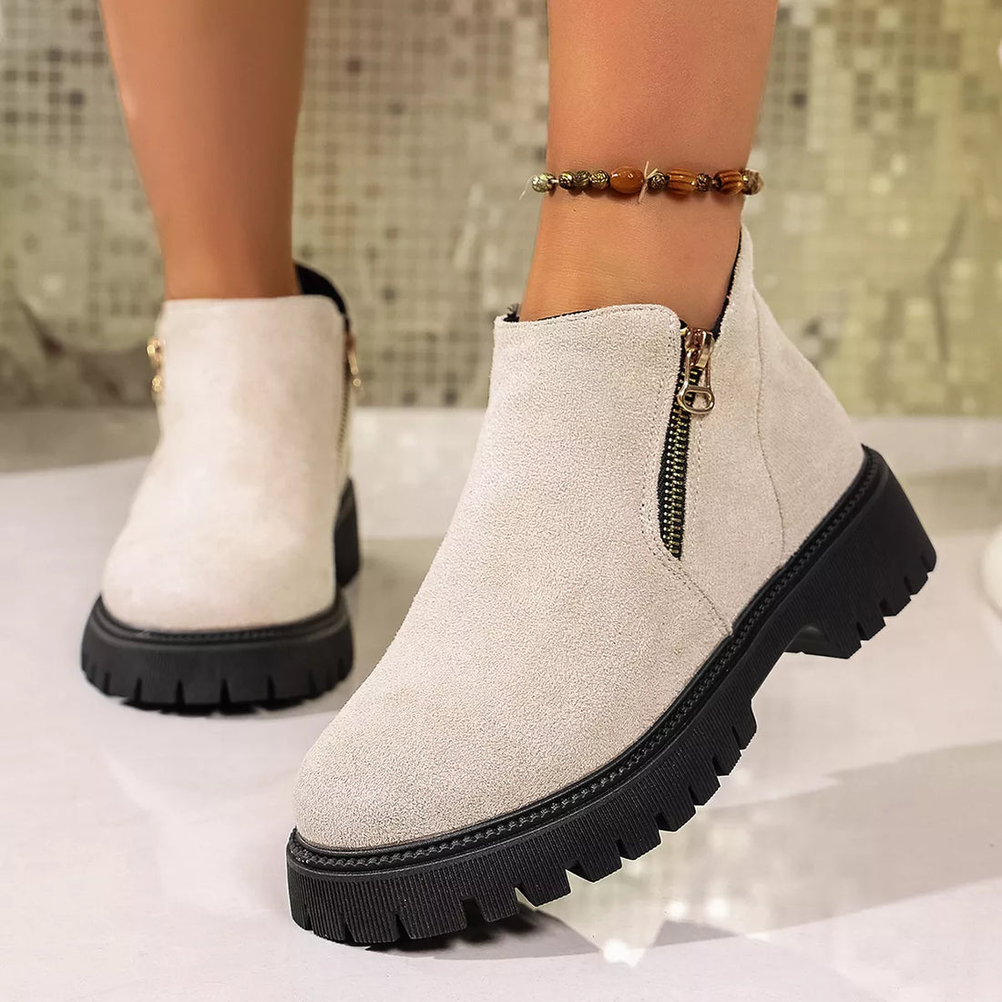 Round Toe Side Zip Ankle Boots 