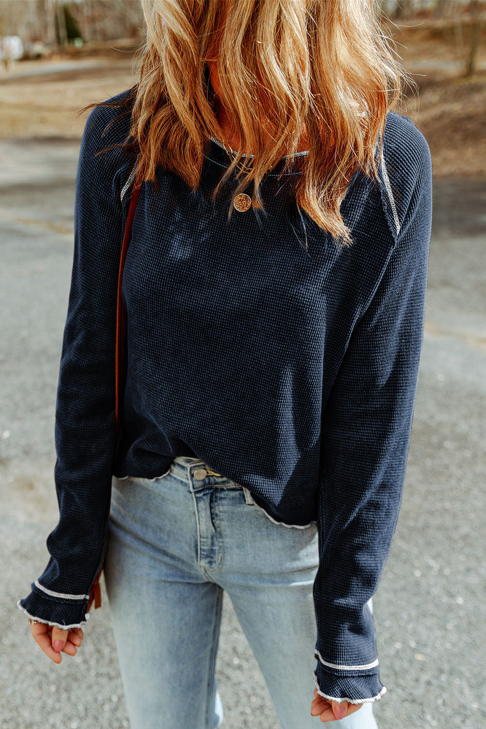 Black Textured Round Neck Long Sleeve Top Tops/Long Sleeve Tops