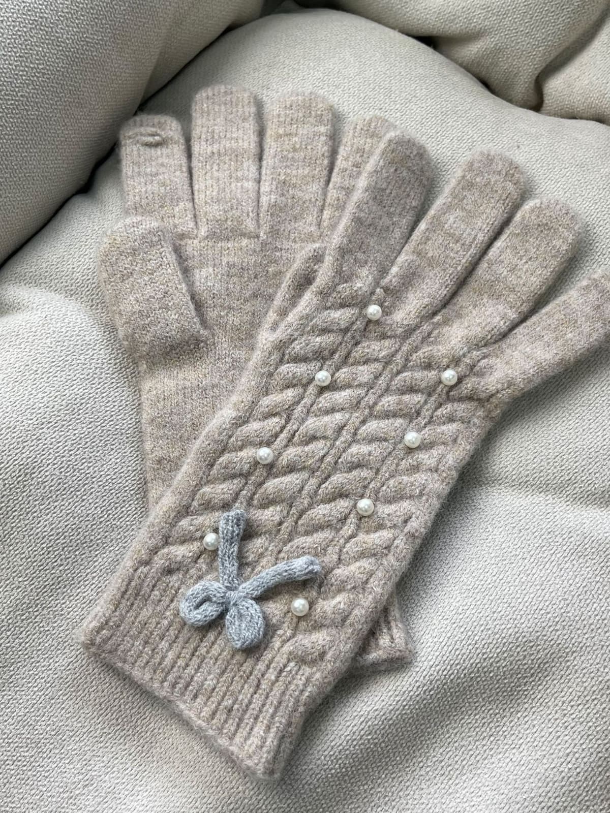 Thermal Pearl Detail Bow Five-Finger Gloves 