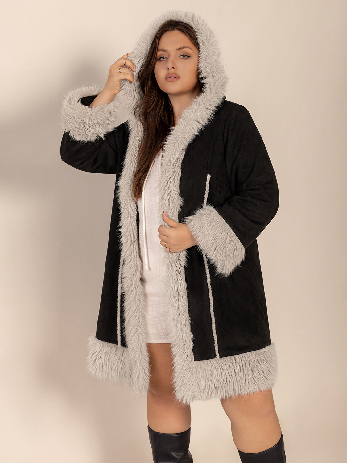 Plus Size Fuzzy Trim Open Front Long Sleeve Hooded Coat 