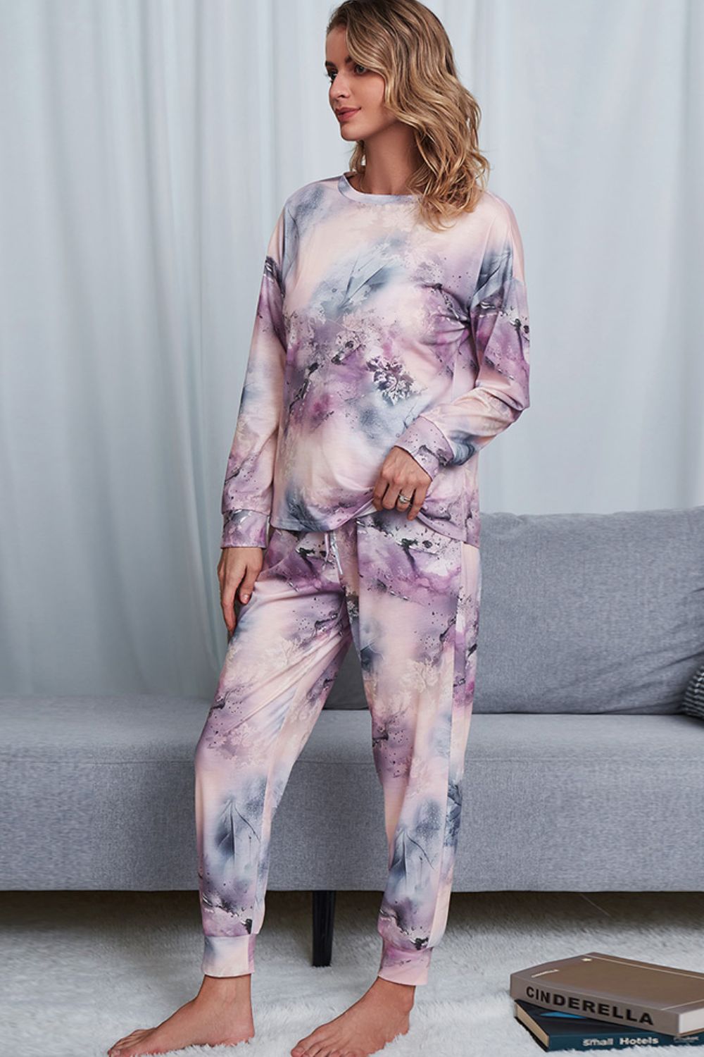 Shiny Tie-Dye Crewneck Top and Drawstring Waist Joggers Lounge Set Lingerie & Nightwear