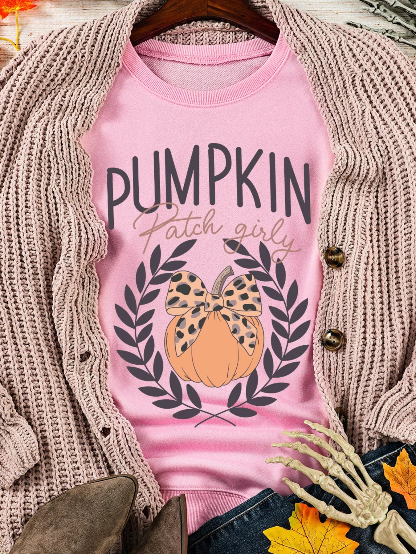 Halloween Leopard Bowknot Pumpkin Graphic Sweatshirt 