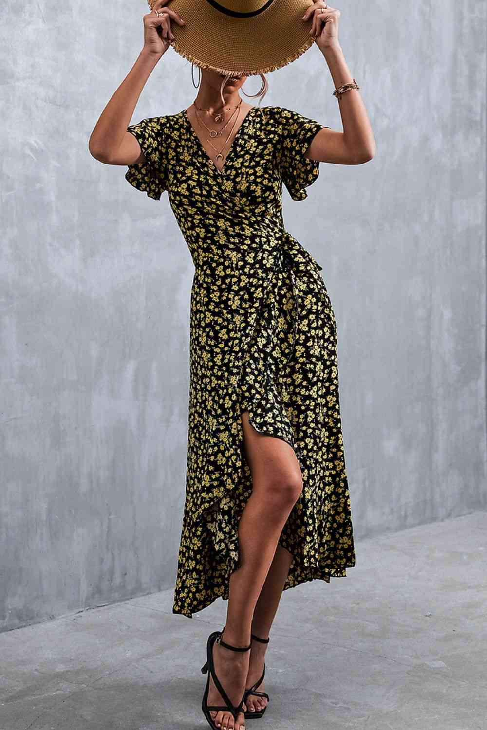 Floral Surplice Neck Tied Midi Dress Dresses