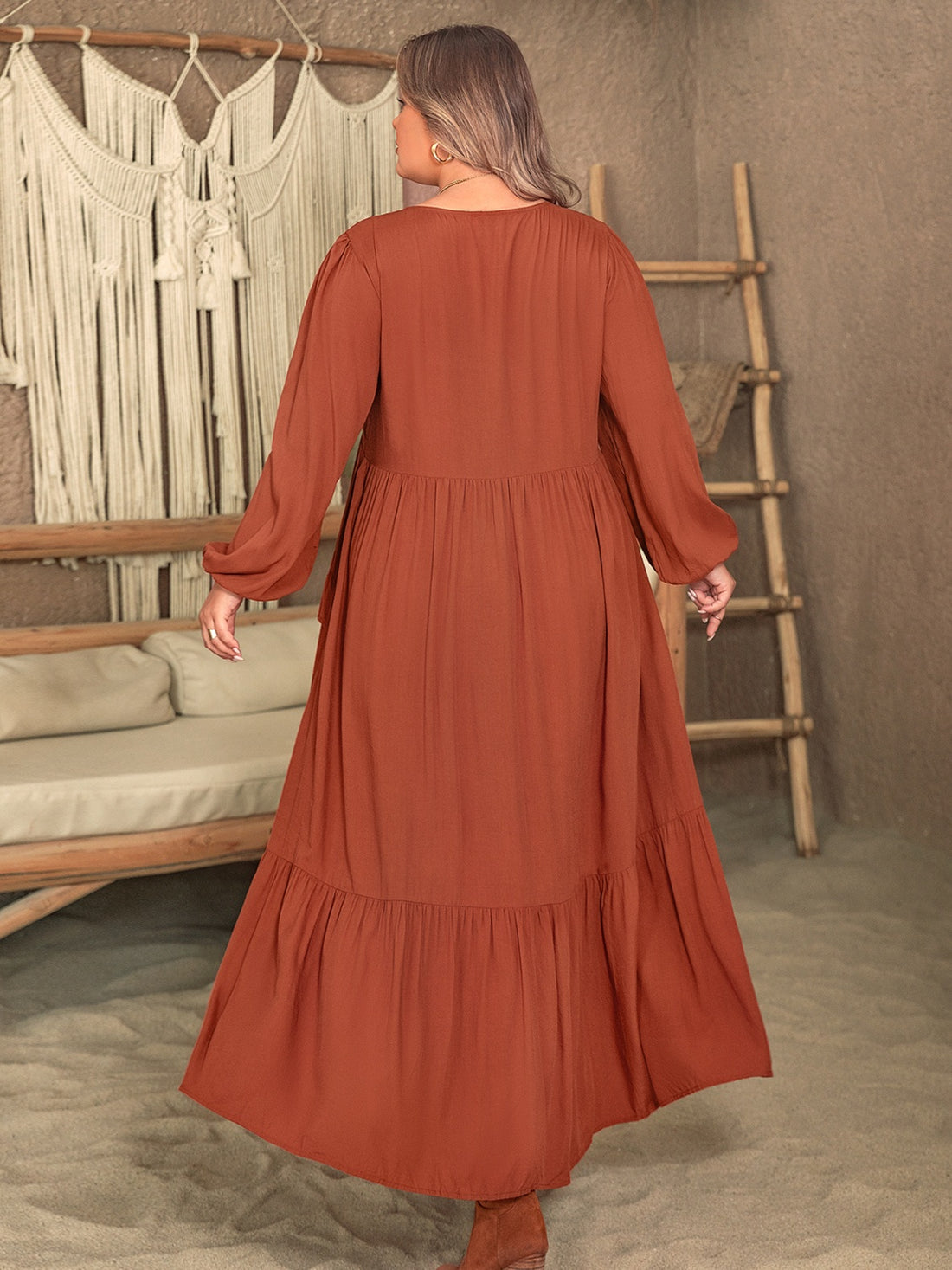 Plus Size Ruffled V-Neck Balloon Sleeve Dress 