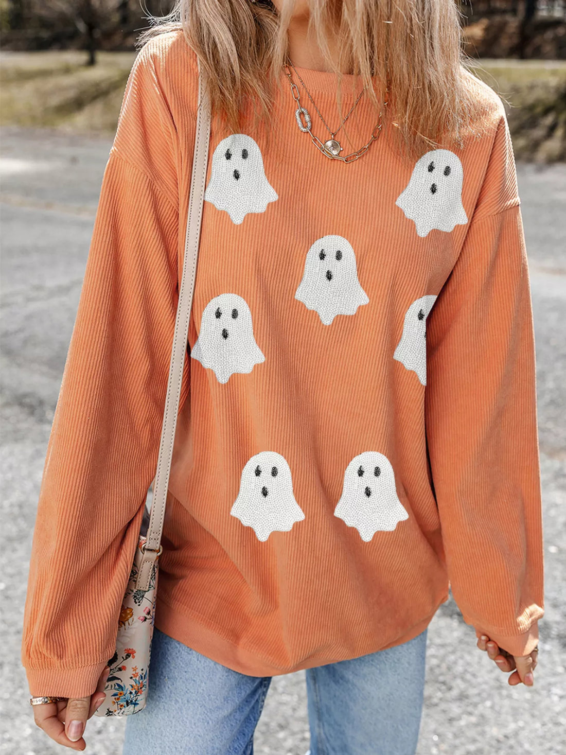 Halloween Ghost Sequin Patched Twisted Ribbed Texture Sweatshirt 
