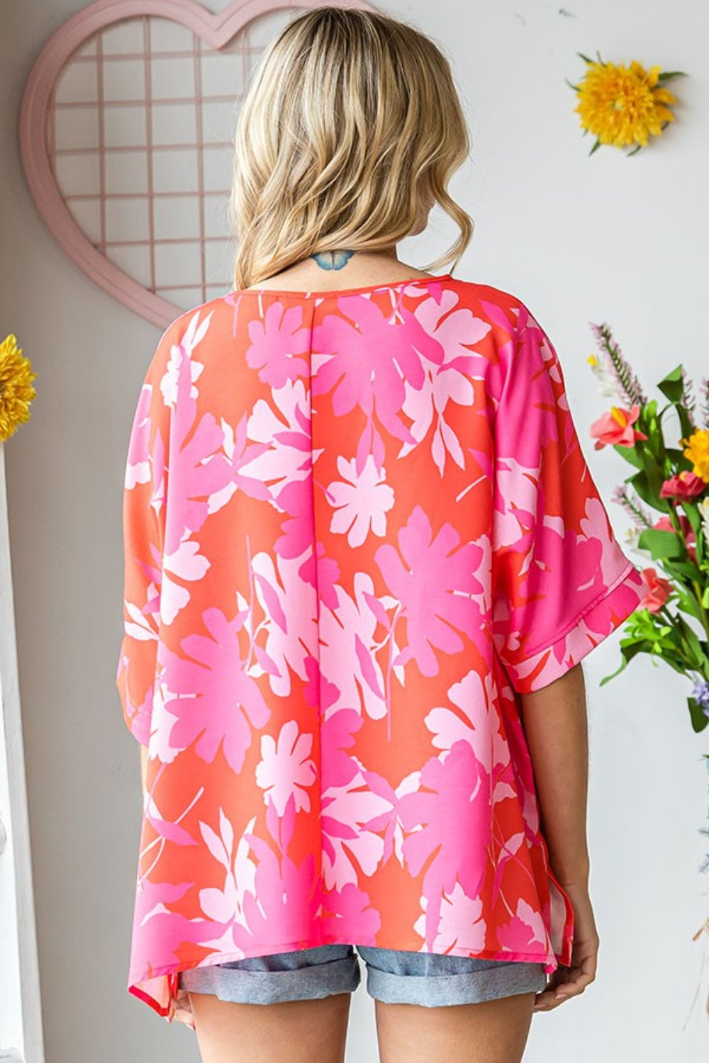 First Love Slit Printed Round Neck Half Sleeve Blouse 