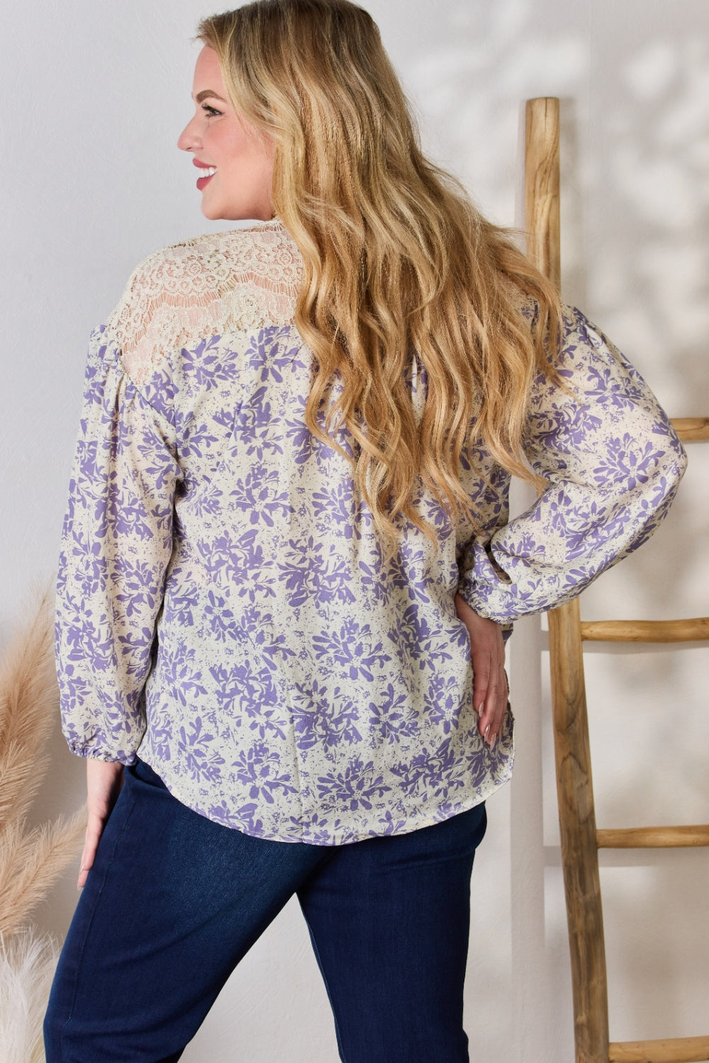 Hailey & Co Full Size Lace Detail Printed Blouse 