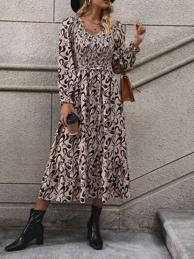 Perfee Printed V-Neck Long Sleeve Midi Dress Dresses