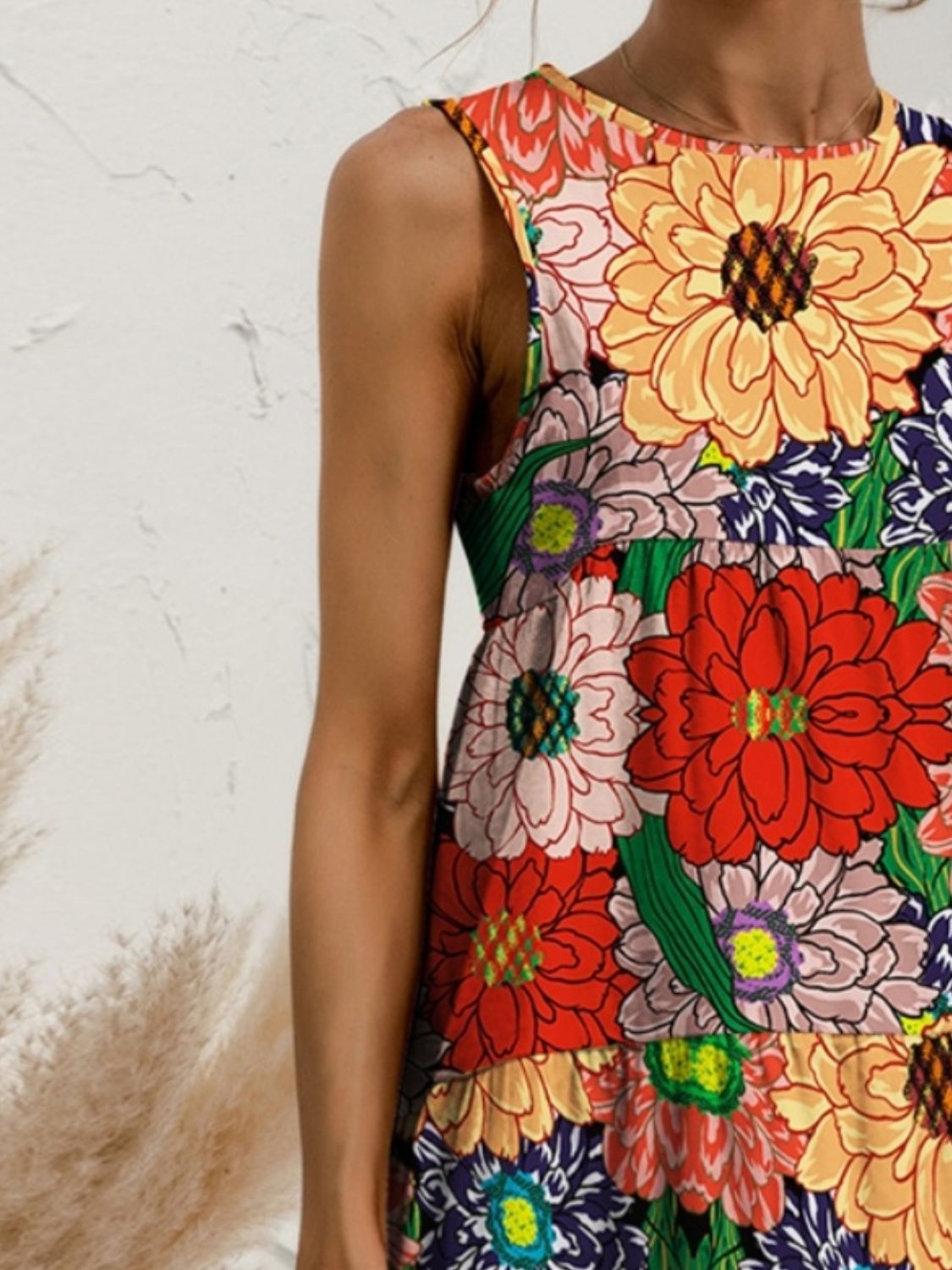 FAM-FAM Tiered Printed Round Neck Sleeveless Dress 