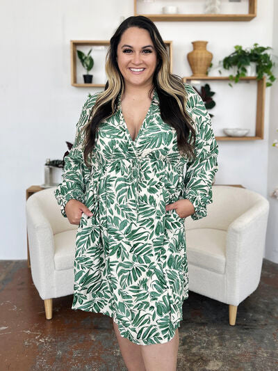 Double Take Full Size Printed Ruched Balloon Sleeve Dress 