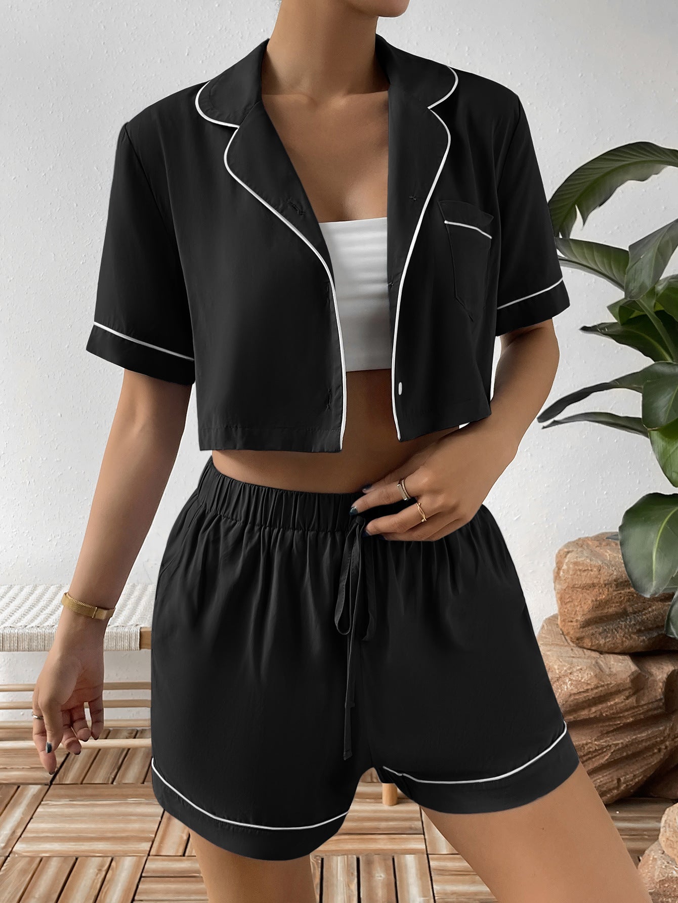 Ivy Lane Contrast Lapel Collar Cropped Shirt and Shorts Lounge Set Lingerie & Nightwear