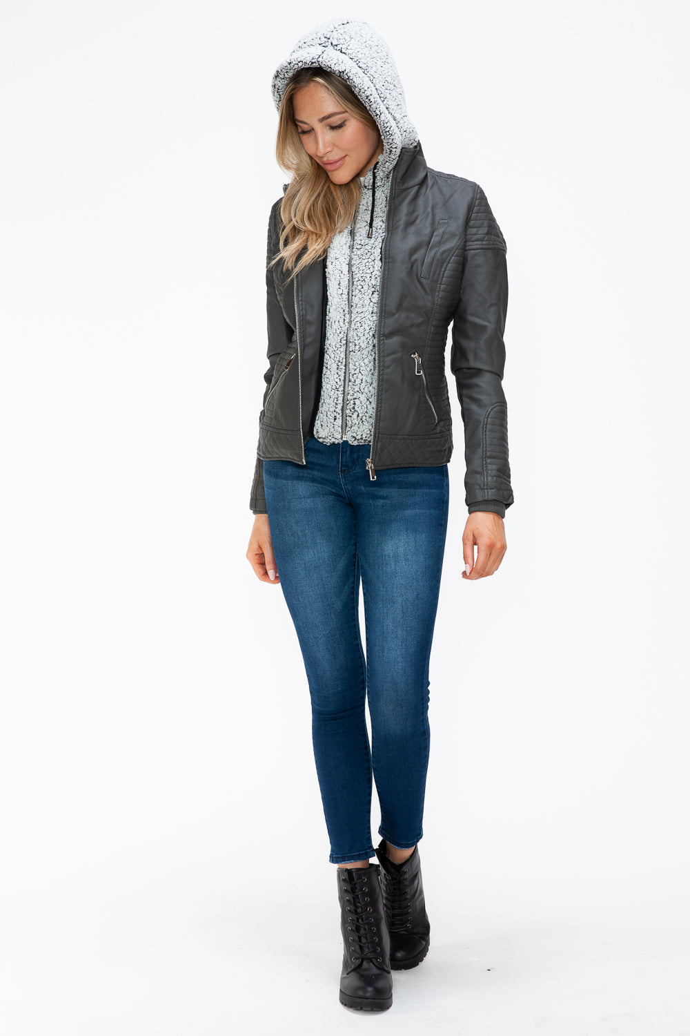 YMI Faux Layered Double-Zipper Jacket with Fuzzy Hood 