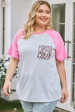 Plus Size Striped Leopard Round Neck T-Shirt 