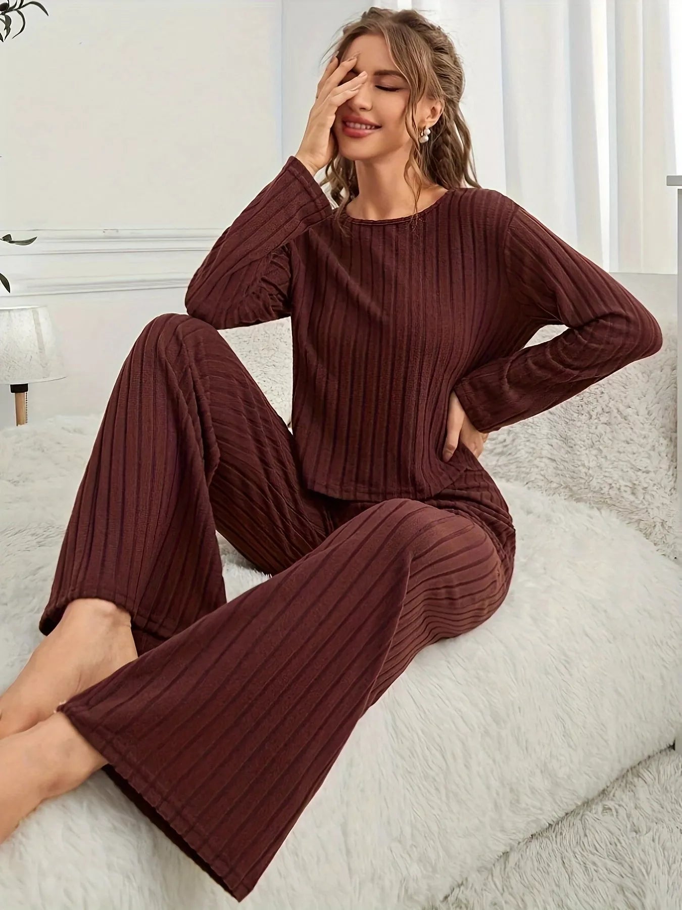Ribbed Round Neck Long Sleeve Top and Pants Lounge Set Lingerie & Nightwear