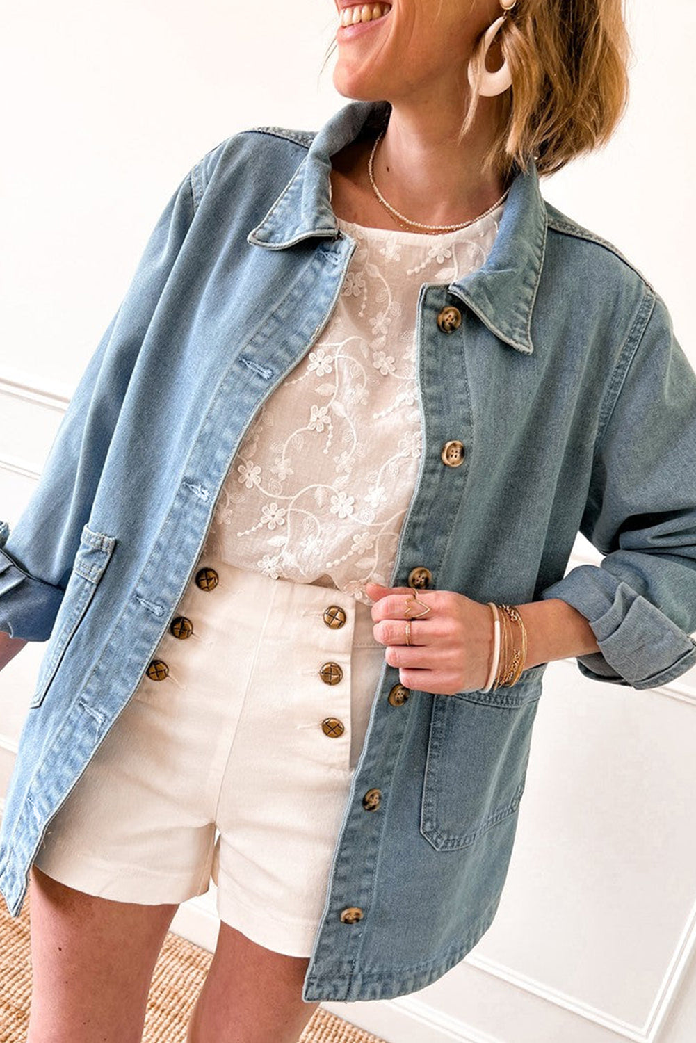 Dusk Blue Slit Buttons Pocketed Denim Jacket Outerwear/Denim jackets