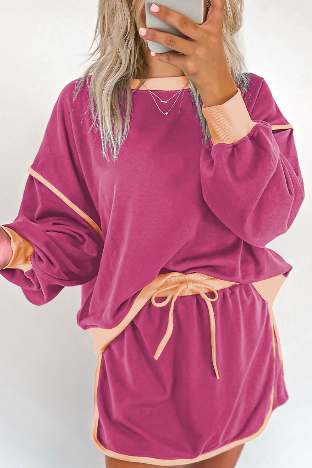 Contrast Trim Round Neck Top and Skort Set 