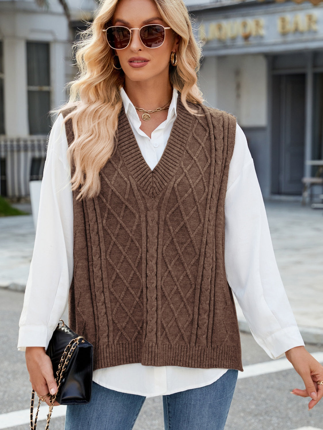 Cable Knit V-Neck Sweater Vest 