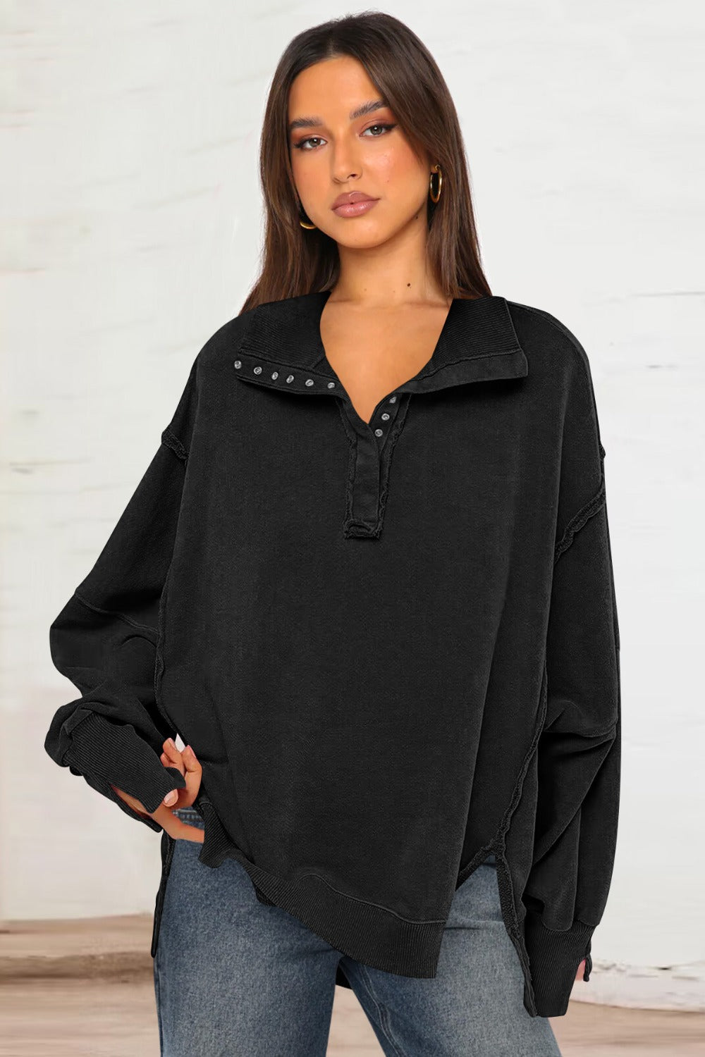 Exposed Seam Side Slit Long Sleeve Sweatshirt 