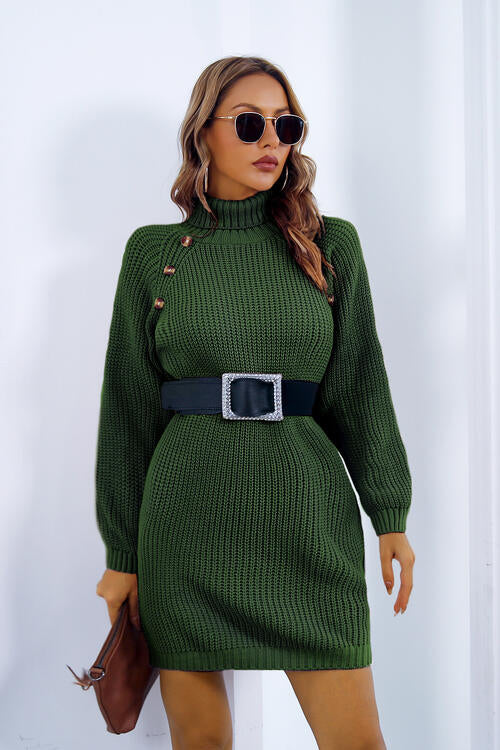 Buttoned Turtleneck Long Sleeve Sweater Dress Dresses