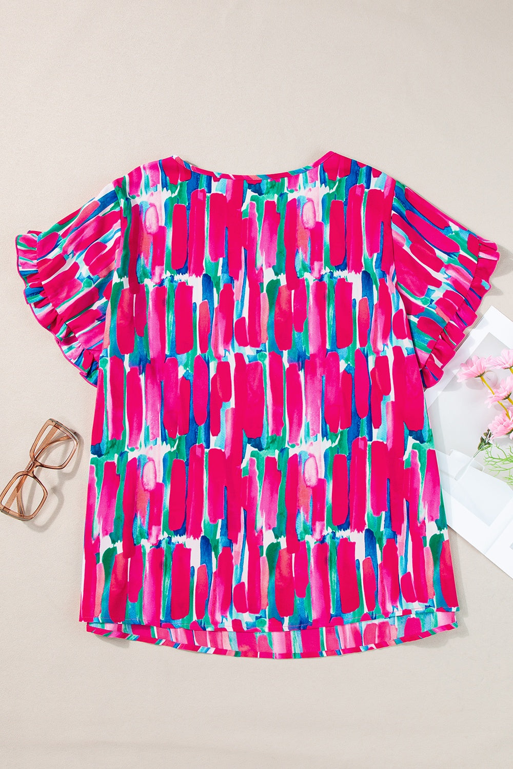 Plus Size Printed Round Neck Petal Sleeve Blouse 
