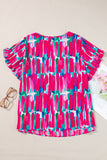 Plus Size Printed Round Neck Petal Sleeve Blouse 