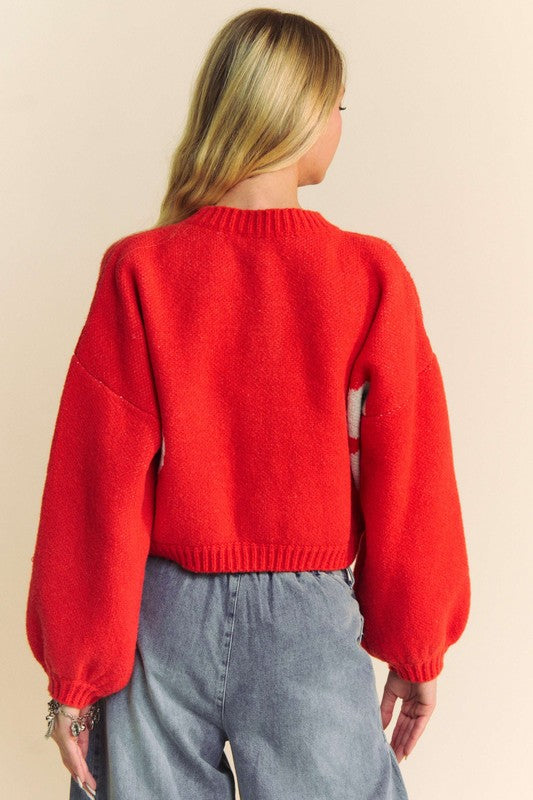 Davi & Dani Flower Contrast Round Neck Long Sleeve Cardigan 