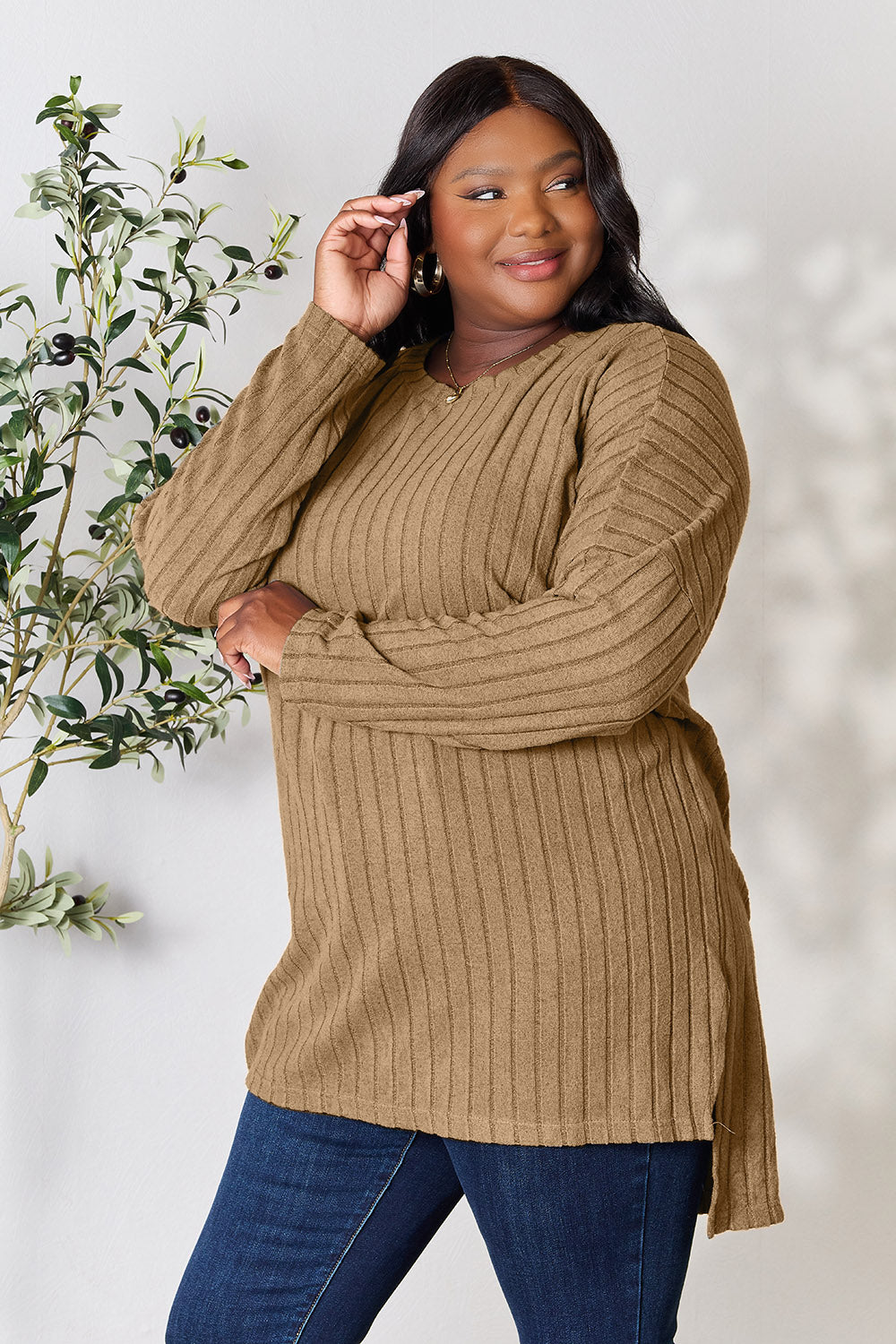 Basic Bae Full Size Ribbed Round Neck Long Sleeve Slit Top 