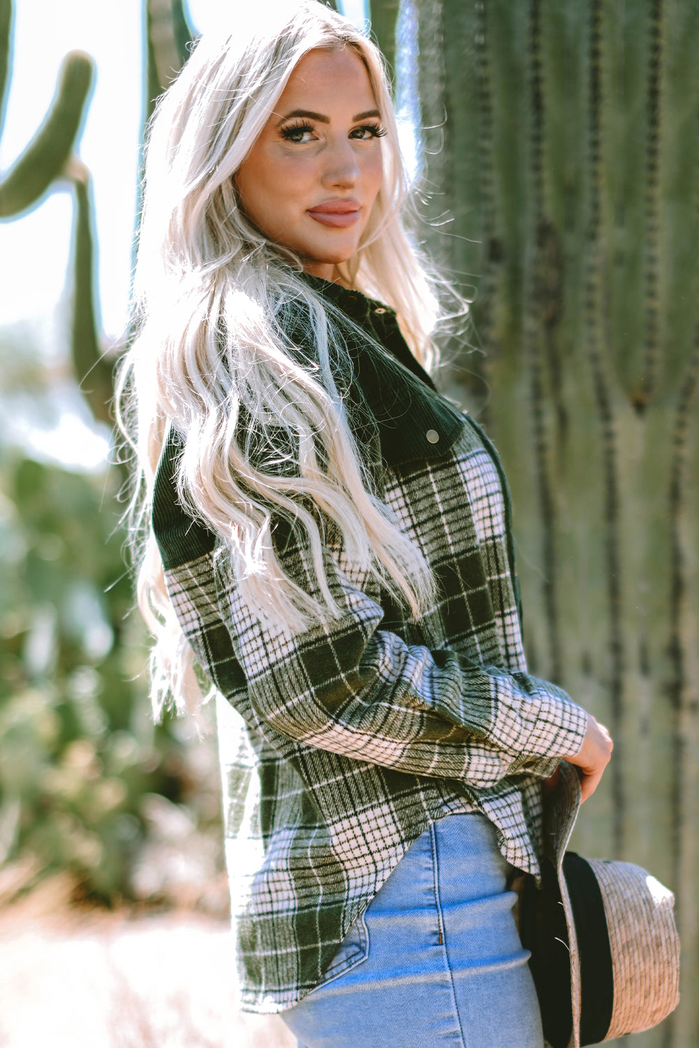 Blackish Green Snap Buttons Colorblock Plaid Shacket Outerwear/Plaid Shackets