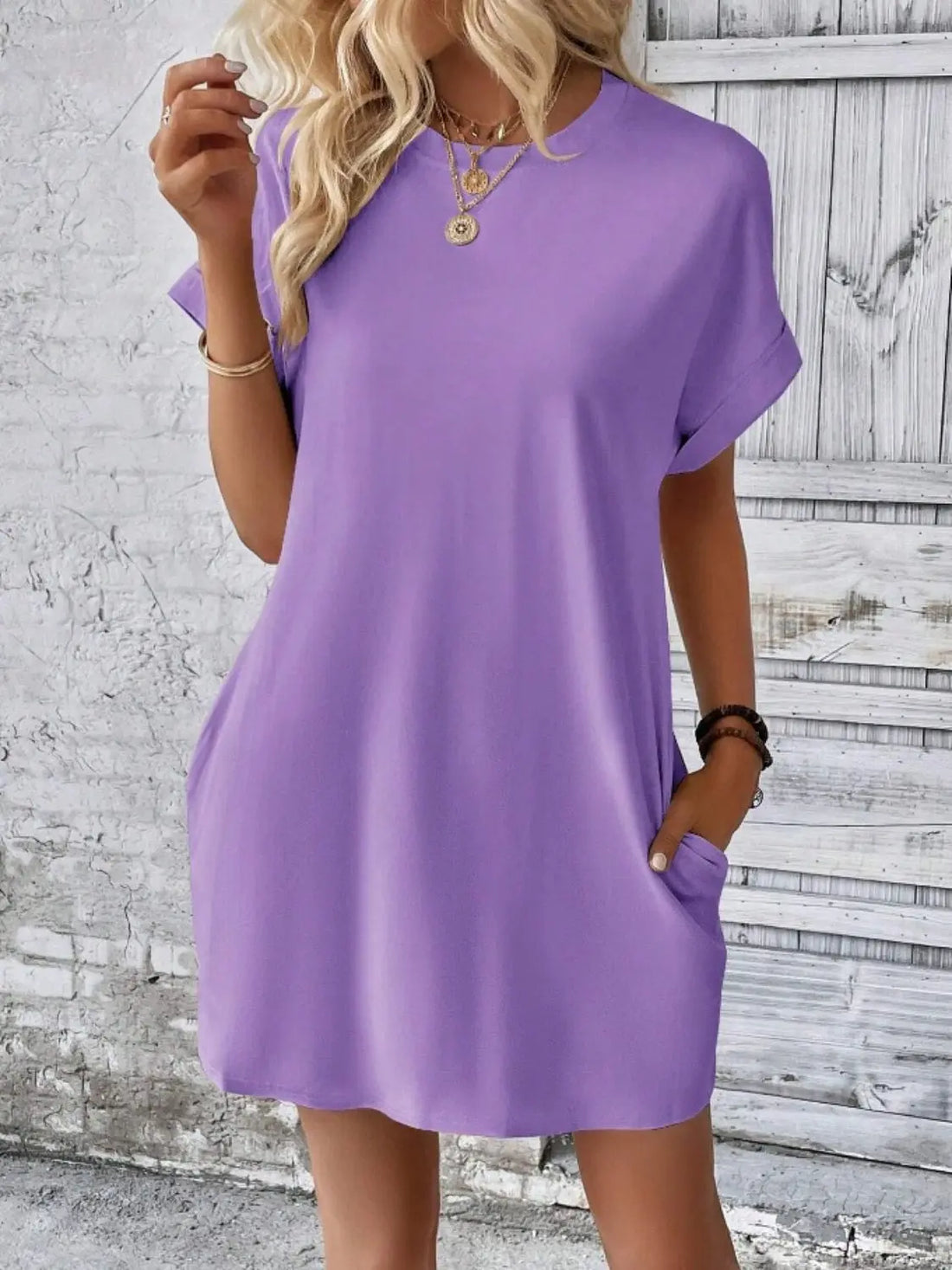 Pocketed Round Neck Short Sleeve Dress 