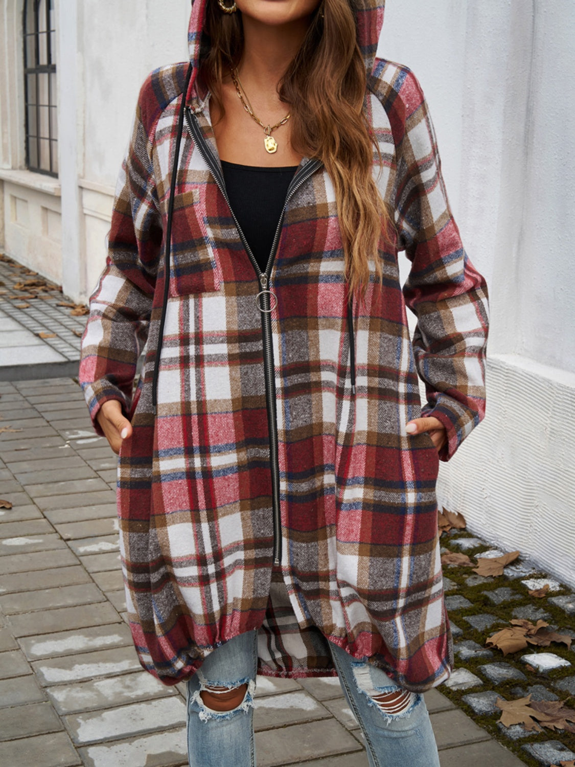 Devine Plaid Zip Up Hooded Coat 