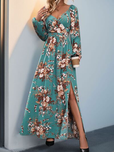 Perfee Slit Printed Surplice Long Sleeve Maxi Dress Dresses