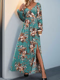 Perfee Slit Printed Surplice Long Sleeve Maxi Dress Dresses