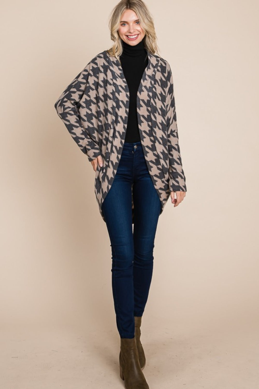 BOMBOM Houndstooth Open Front Cocoon Knit Cardigan 