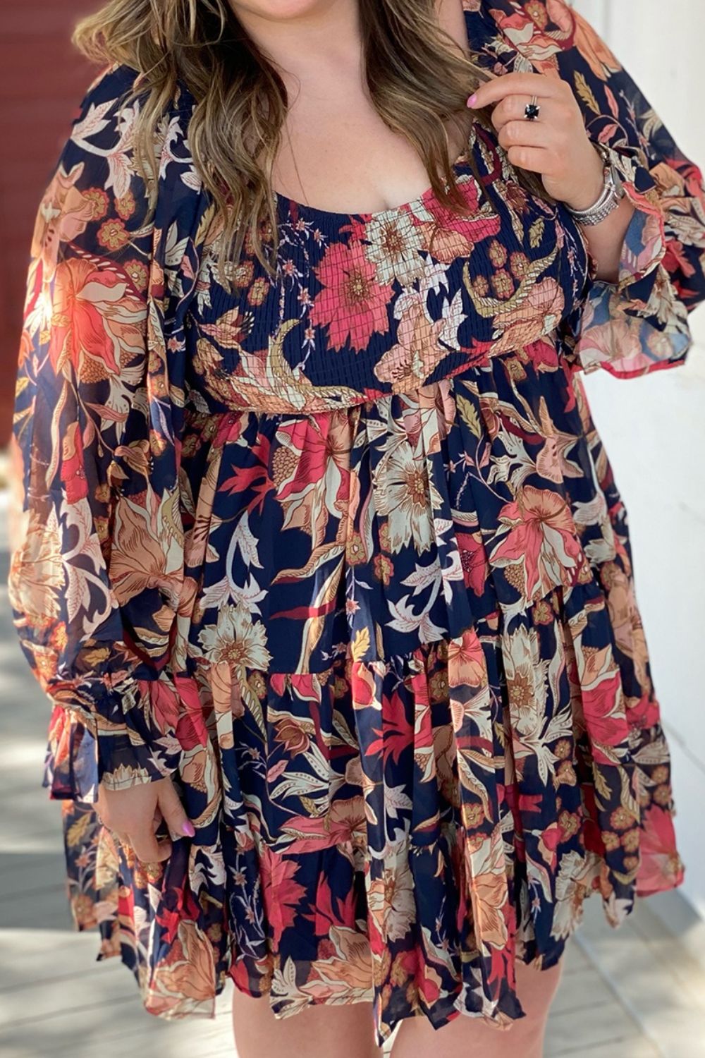 Plus Size Smocked Printed Long Sleeve Dress 