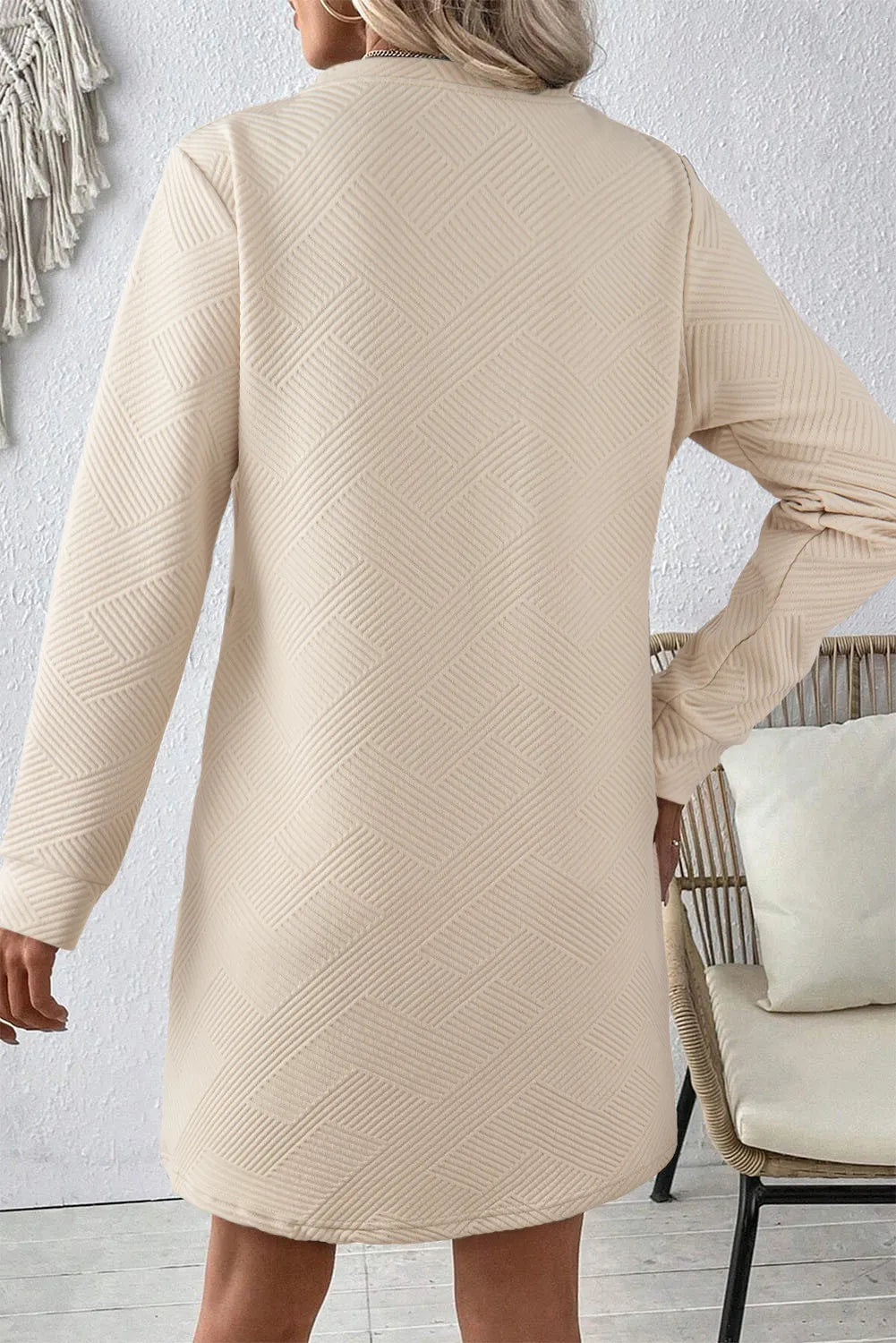 Textured Round Neck Long Sleeve Mini Dress 