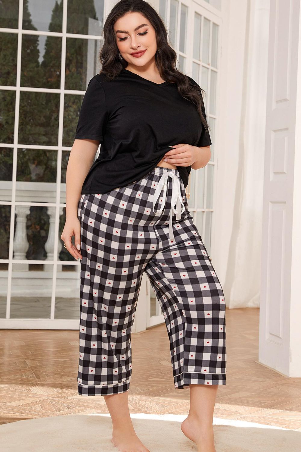 V-Neck Tee and Plaid Cropped Pants Lounge Set Lingerie & Nightwear