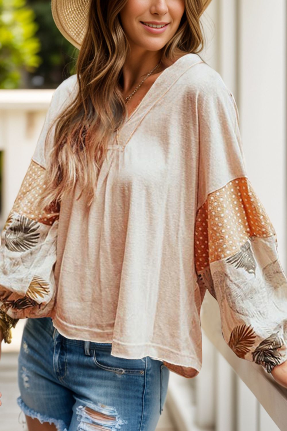 Printed V-Neck Long Sleeve Blouse 