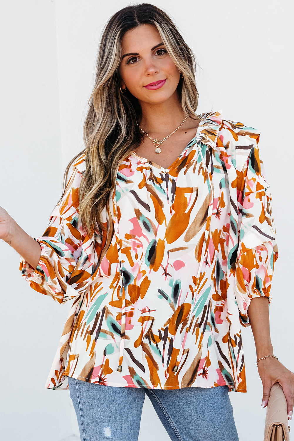 Yellow Abstract Print Drawstring Frilled V Neck 3/4 Sleeve Blouse Tops/Blouses & Shirts