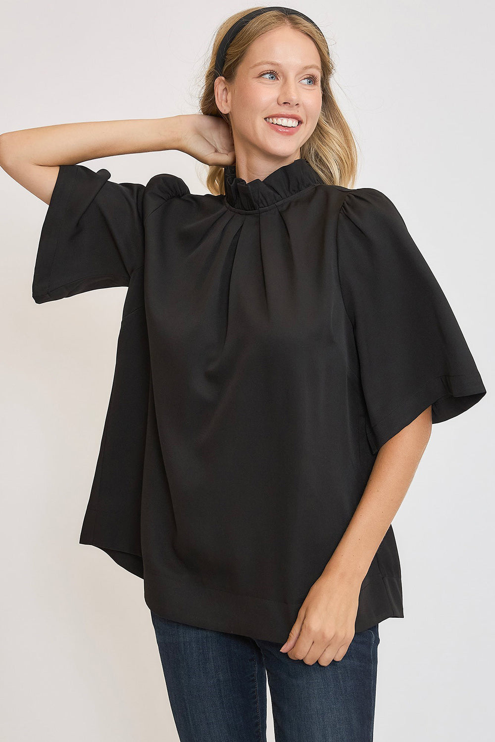 Umgee Bow Tie Back Mock Neck Half Sleeve Blouse 