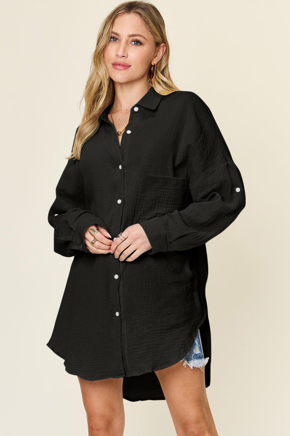 Double Take Full Size Pocketed Texture Button Up Shirt 