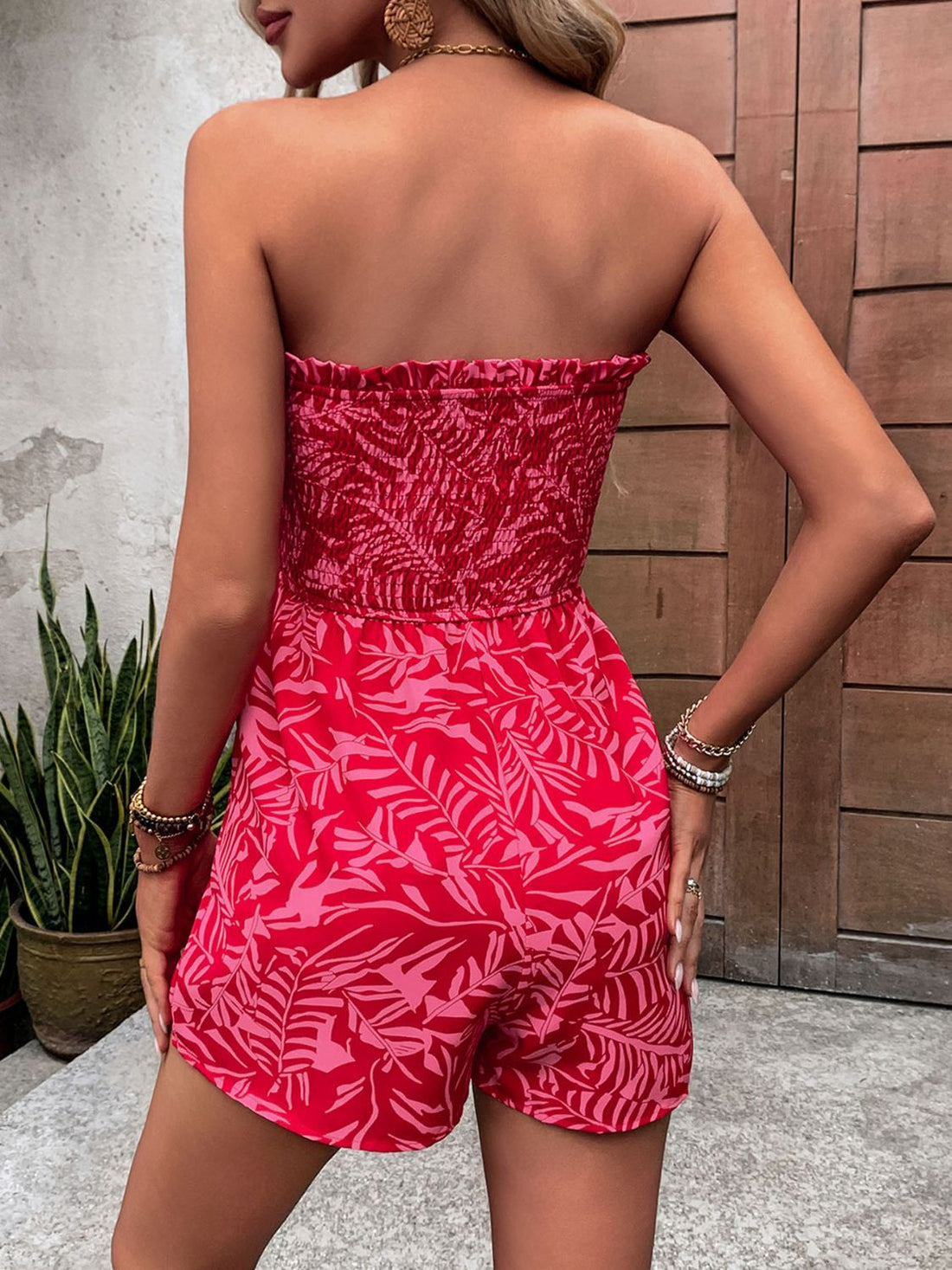 Perfee Smocked Printed Tube Romper with Pockets 